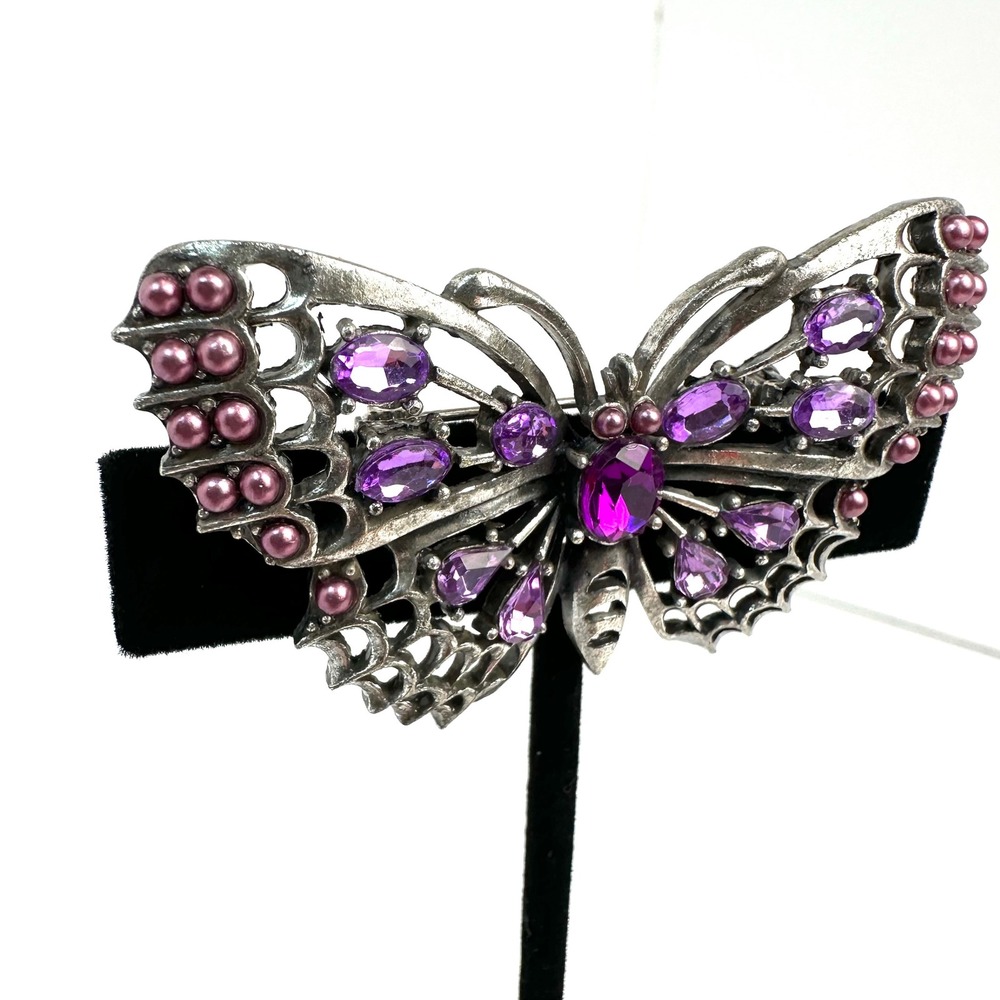 Y2K Ornate VTG‎ Robert Rose Purple Crystal Pearl Butterfly Brooch Pin Silvertone